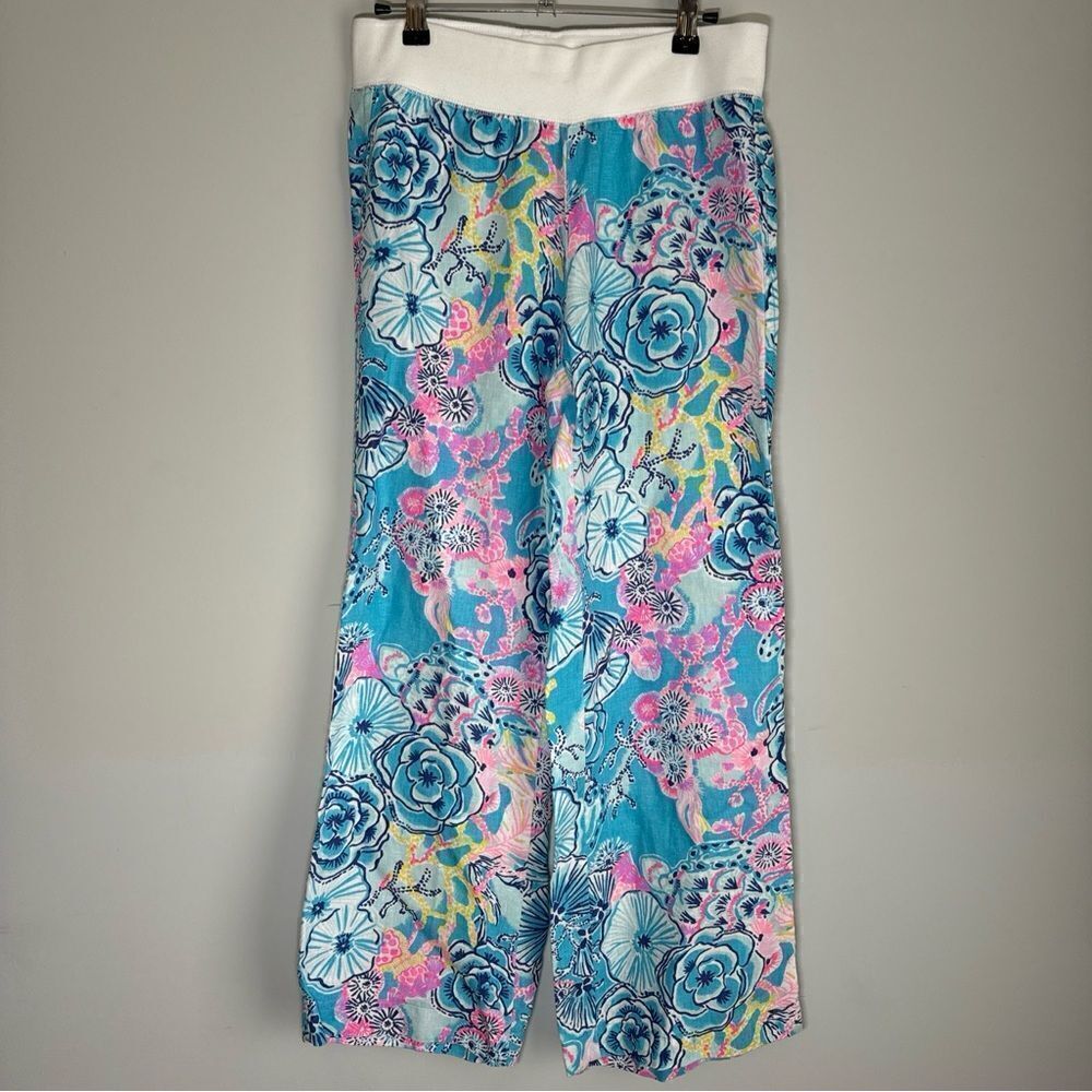 Lilly Pulitzer Bali Blue Once Upon A Tide Linen Palazzo Pants Size S Mid Rise - Picture 4 of 12